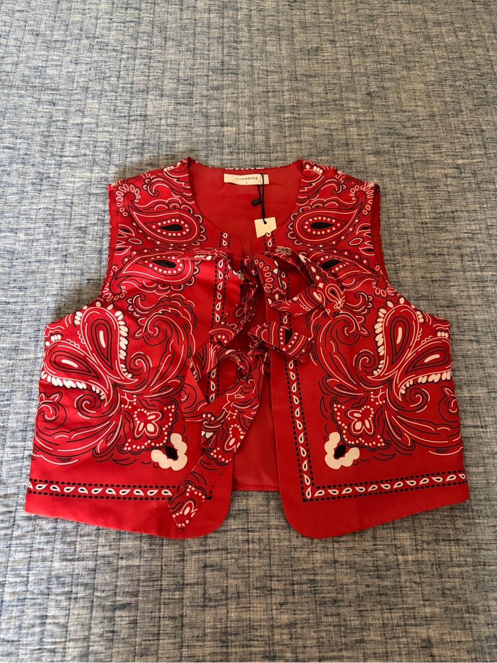 Commense Red and White Paisley Tie-Front Vest
